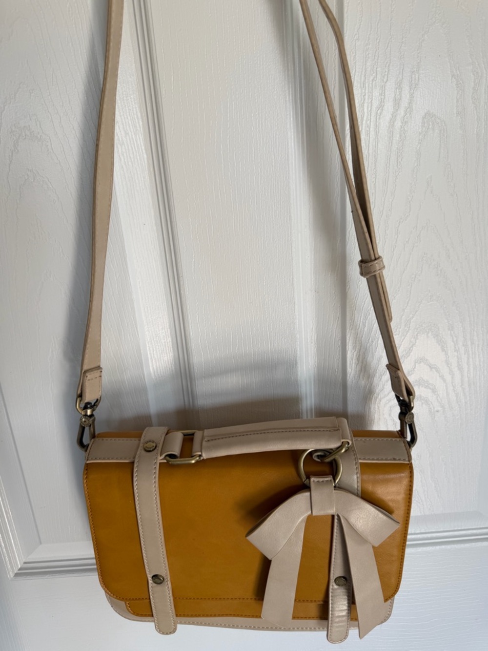 Mustard and Beige Bow Accent Crossbody Bag